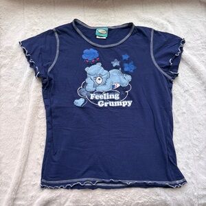 2006 Care Bears Grumpy Bear Y2K Baby Tee Navy Blue Lettuce Hem Shirt Large